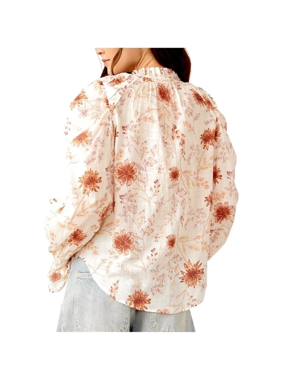 Free People Meant to Be Floral Blouse Tie-Neck Puff Sleeve XS Victorian Boho